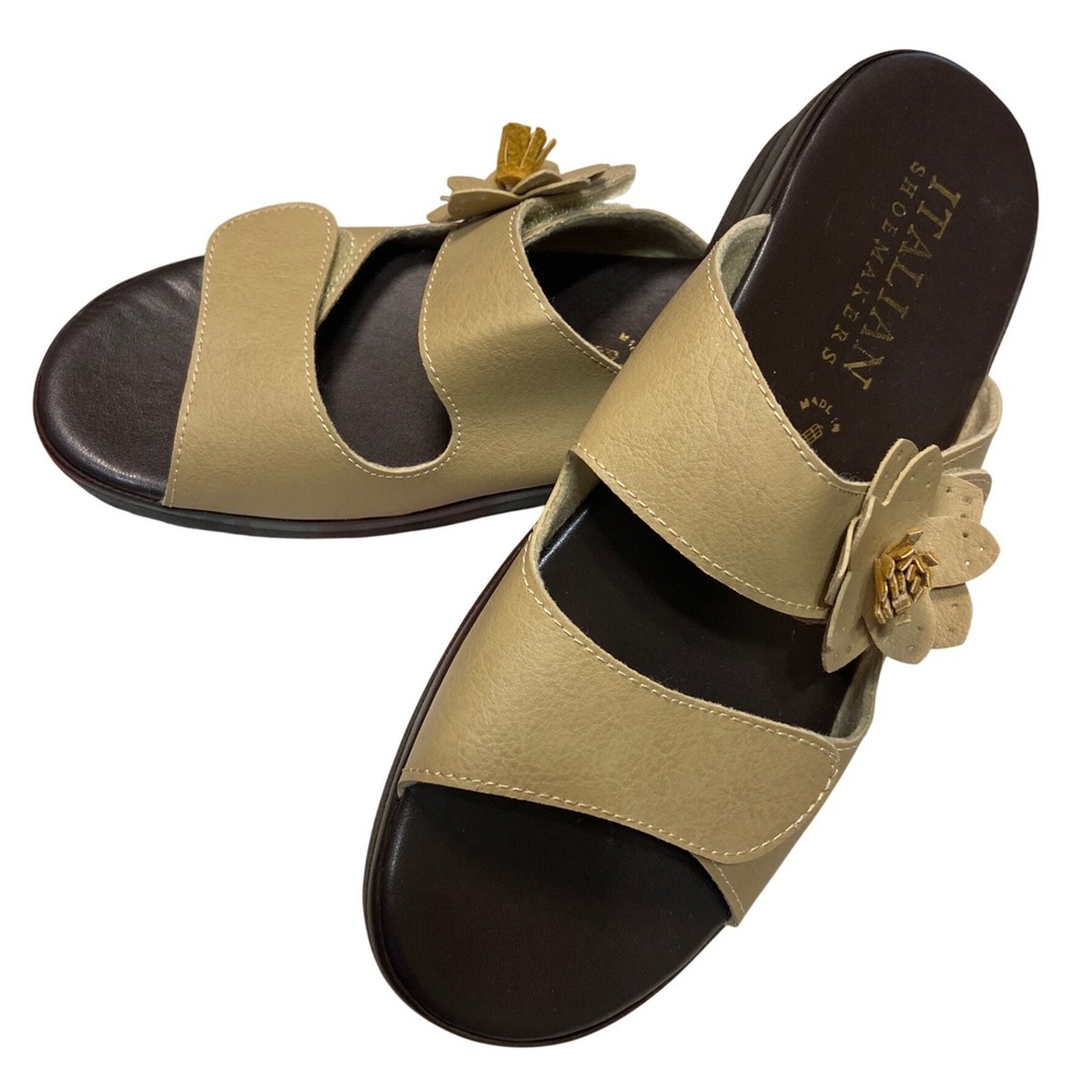 Italian Shoemakers Womens Tan Floral Wedge Slide Sandals Adjustable Straps 8M